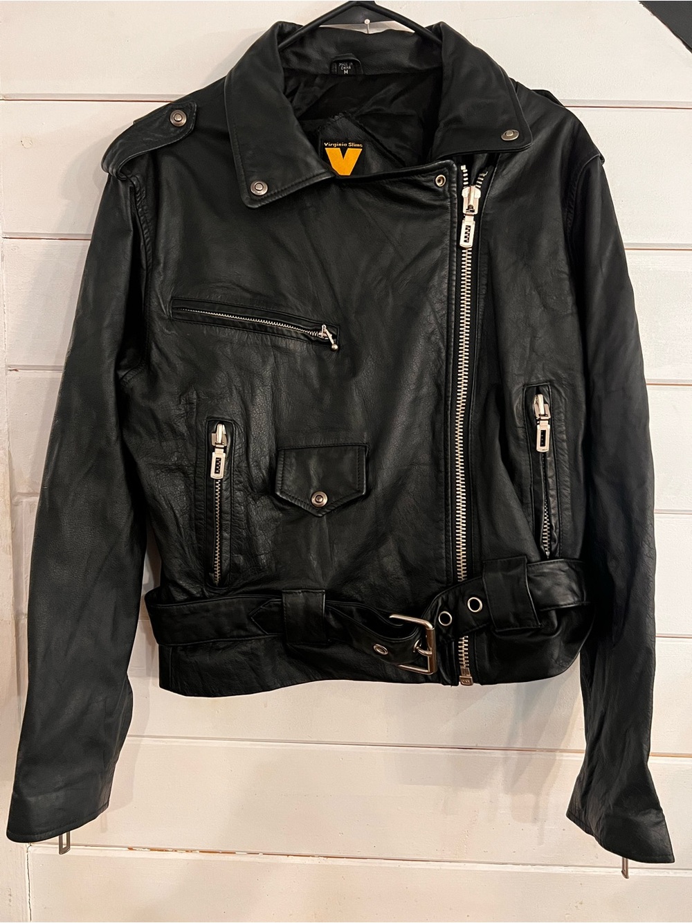 Vintage Virginia Slims 100% Leather Biker Motorcycle Jacket Womens W/Belt 1990s - Picture 3 of 10